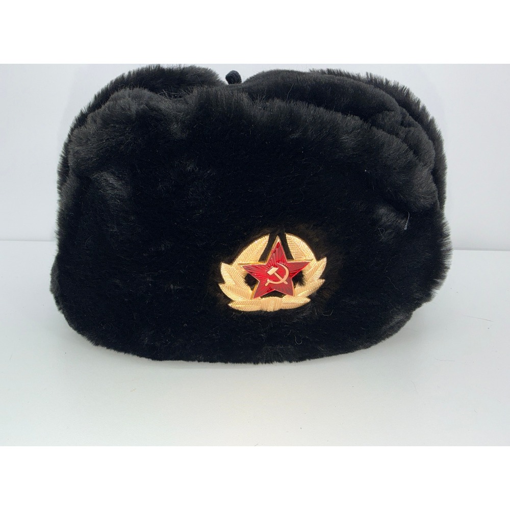 Vintage Ushanka Hat Unisex 62 Black Good Soviet Red Star Trapper Ear Flap